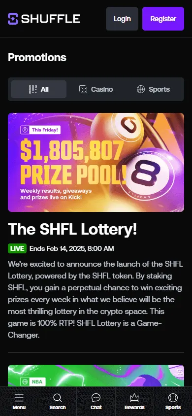 Shuffle Casino promotions interface on a mobile phone