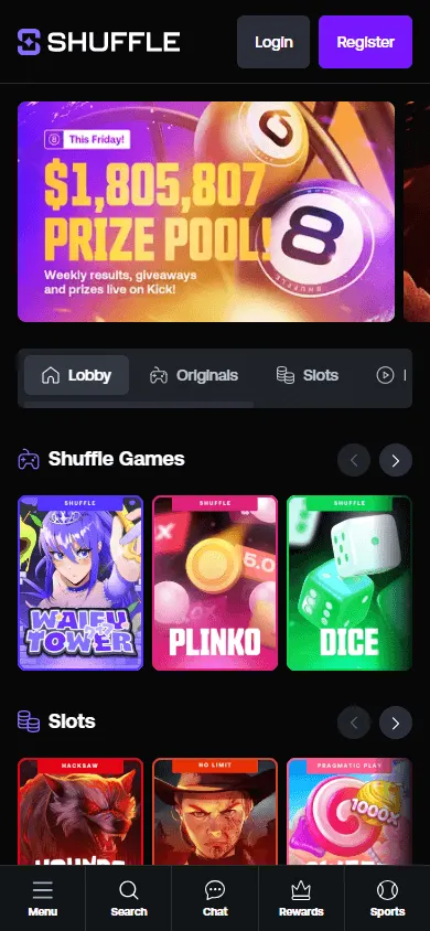 Shuffle Casino home interface on a mobile phone