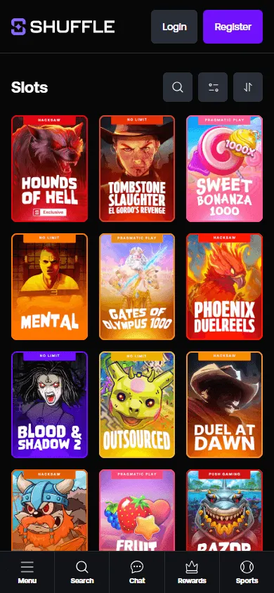 Shuffle Casino games interface on a mobile phone