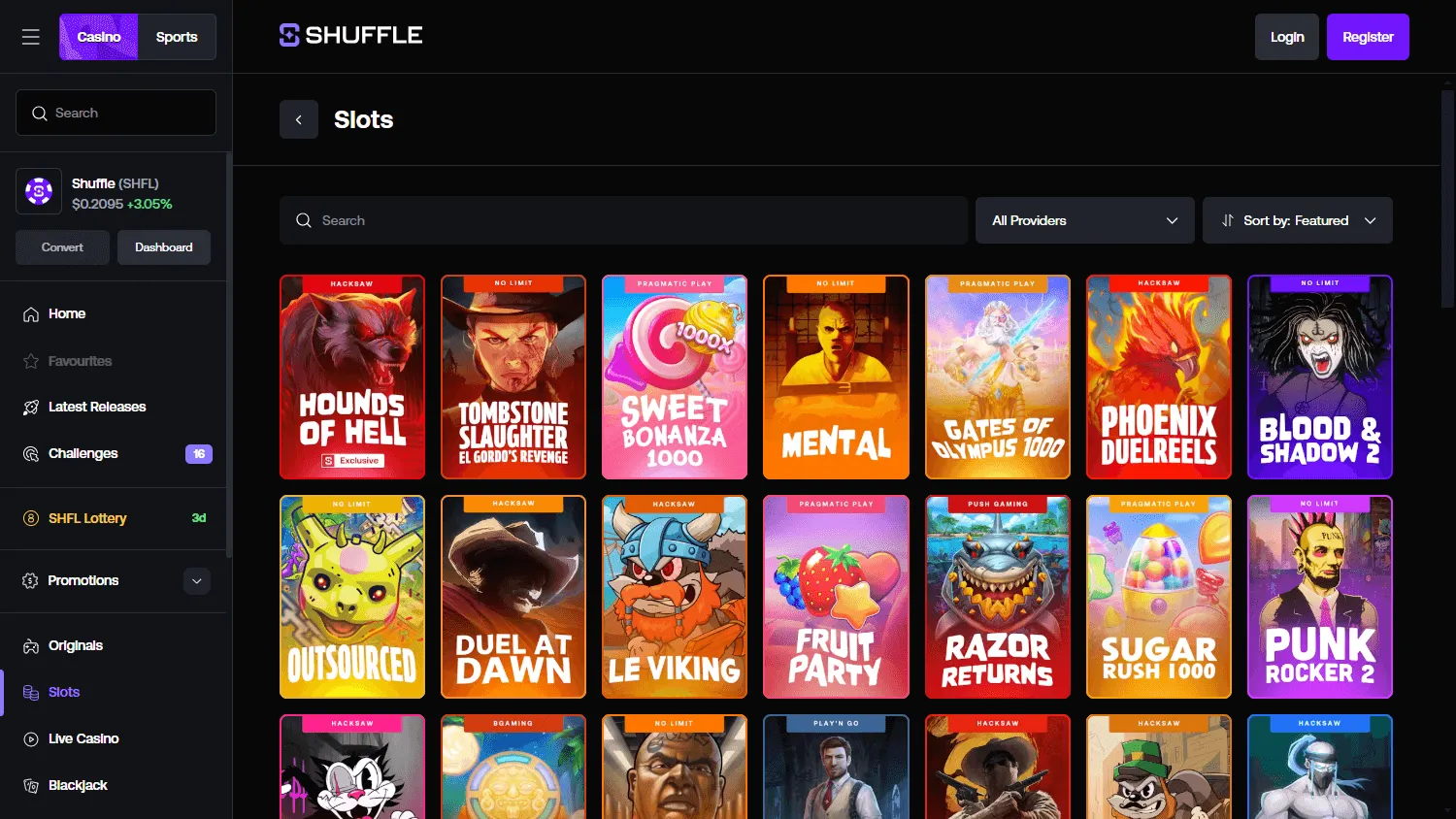 Shuffle Casino games interface on a desktop screen