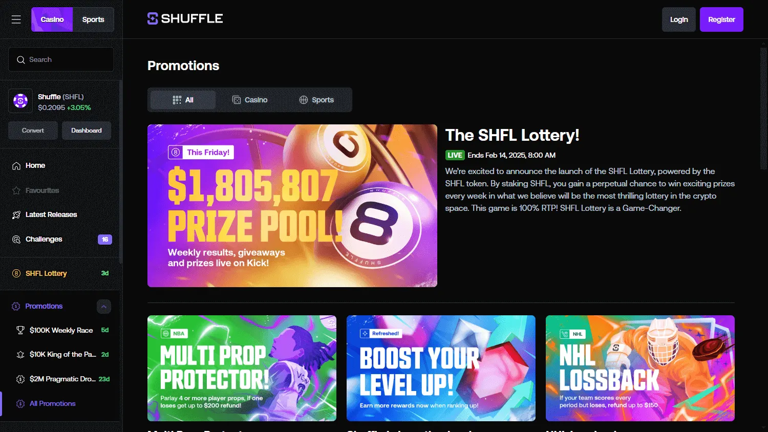 Shuffle Casino promotions interface on a desktop screen