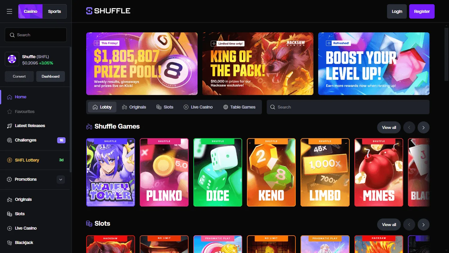 Shuffle Casino home interface on a desktop screen